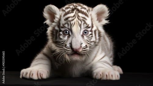 White Tiger cub (2 months) in front of a dark background. photo