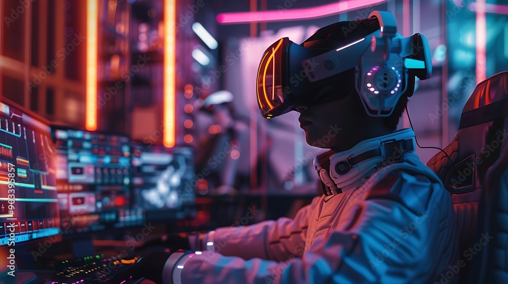 A futuristic gaming setup featuring a player wearing a VR headset and motion-tracking suit, engaging in an intense virtual reality game, surrounded by sleek gaming consoles and vibrant LED lights. A futuristic gaming setup featuring a player wearing a VR headset and motion-tracking suit, engaging in an intense virtual reality game, surrounded by sleek gaming consoles and vibrant LED lights.