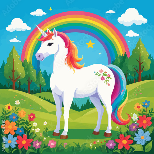 Unicorn in a Rainbow Field with Flowers and Trees