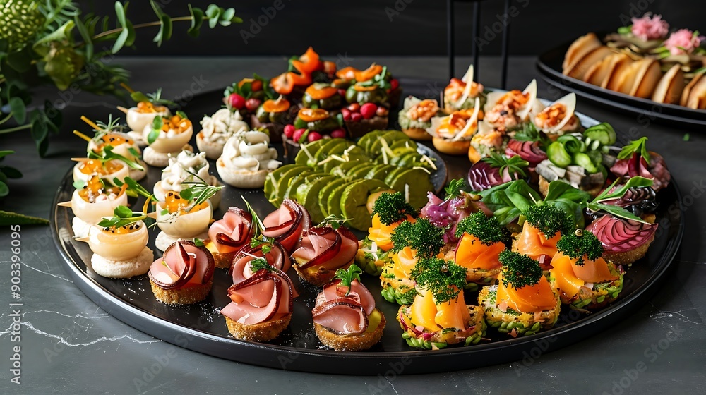 Fototapeta premium Set of canapes with meat, vegetables and cheese on the table