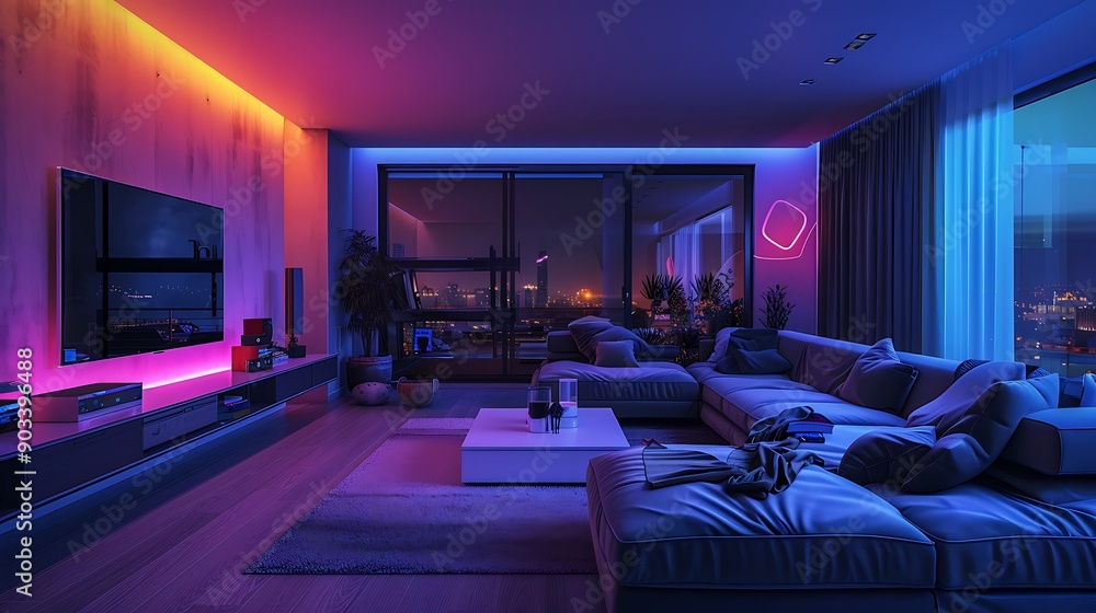 A futuristic smart home living room with a large, interactive smart mirror, automated lighting, a voice-activated assistant, and a security system integrated seamlessly into the stylish décor, A futuristic smart home living room with a large, interactive smart mirror, automated lighting, a voice-activated assistant, and a security system integrated seamlessly into the stylish décor,