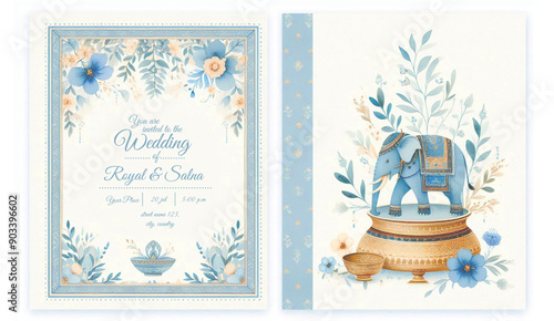 Indian wedding invitation. elegant Indian style invitation design with floral elements, wedding invitations. elephant in the front side. Watercolour design on textured white paper; text and details cu