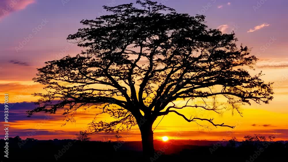 Silhouette of a tree at sunset, vibrant Silhouette of a tree at sunset, vibrant