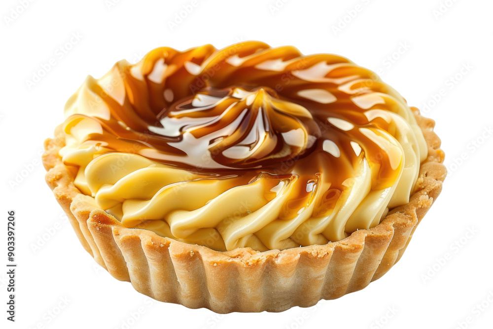 Caramel cream tart with condensed milk and crispy buttery crust, isolated on white background. Caramel cream tart with condensed milk and crispy buttery crust, isolated on white background.