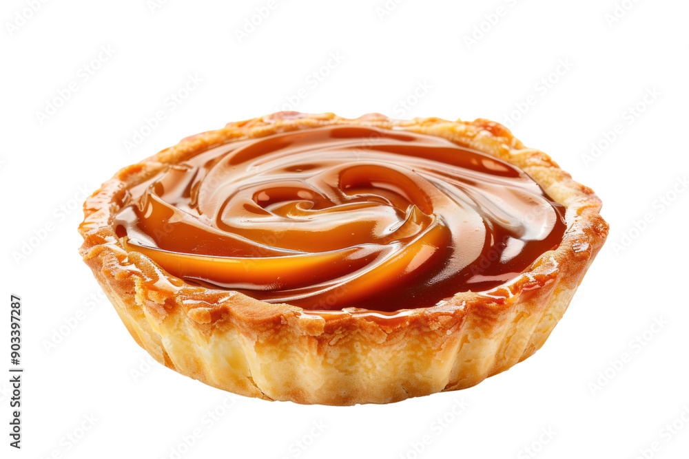 Caramel cream tart with condensed milk and crispy buttery crust, isolated on white background. Caramel cream tart with condensed milk and crispy buttery crust, isolated on white background.