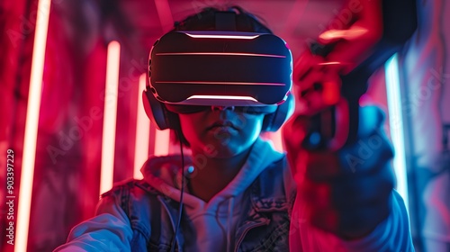 A gamer in a high-tech VR gaming room, using a state-of-the-art VR headset and controllers, interacting with a virtual world that extends beyond the physical space, photo