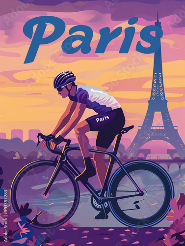 person riding a bike with the background of Eiffel tower