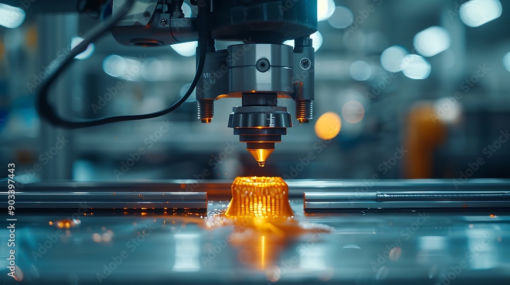 A high-tech 3D printing lab with printers working on intricate designs, featuring a detailed close-up of a mechanical part being printed, under bright, focused lighting. A high-tech 3D printing lab with printers working on intricate designs, featuring a detailed close-up of a mechanical part being printed, under bright, focused lighting.