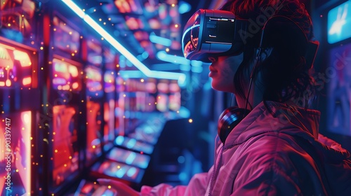 A gamer wearing AR glasses in a high-tech gaming room, engaging with virtual game elements and holographic interfaces, with vibrant neon lights and a dynamic, immersive background.