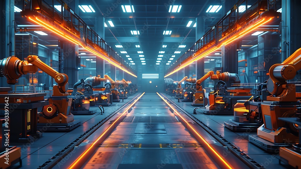 Naklejka premium A high-tech factory with automated production lines, featuring advanced robotics and AI systems working seamlessly, under bright industrial lighting. Created using: high-resolution camera,