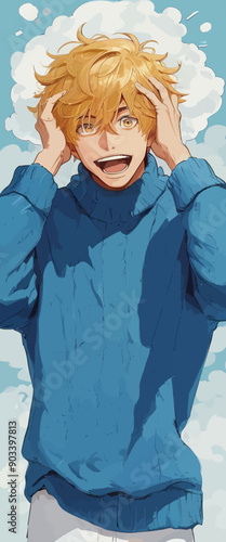 Smiling male with blonde hair and blue sweater, looking upwards