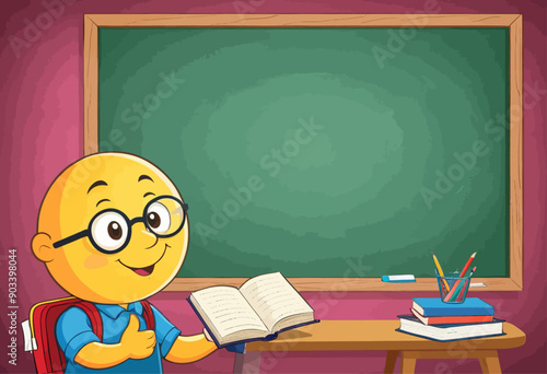 Smiling Cartoon Character with Glasses and Book, Sitting at Desk with Chalkboard and Books photo