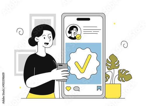 Verified social media account. Woman near smartphone with check mark. Confirmation of identity of popular blogger and content creator. Linear vector illustration