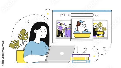 Woman viewing images. Young girl with laptop watches interesting content on social networks. Person look at pictures and photos. Linear vector illustration