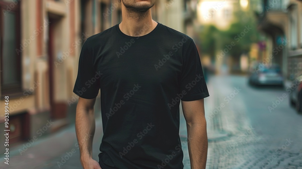 Man in Black T-Shirt Walking Down Street Man in Black T-Shirt Walking Down Street