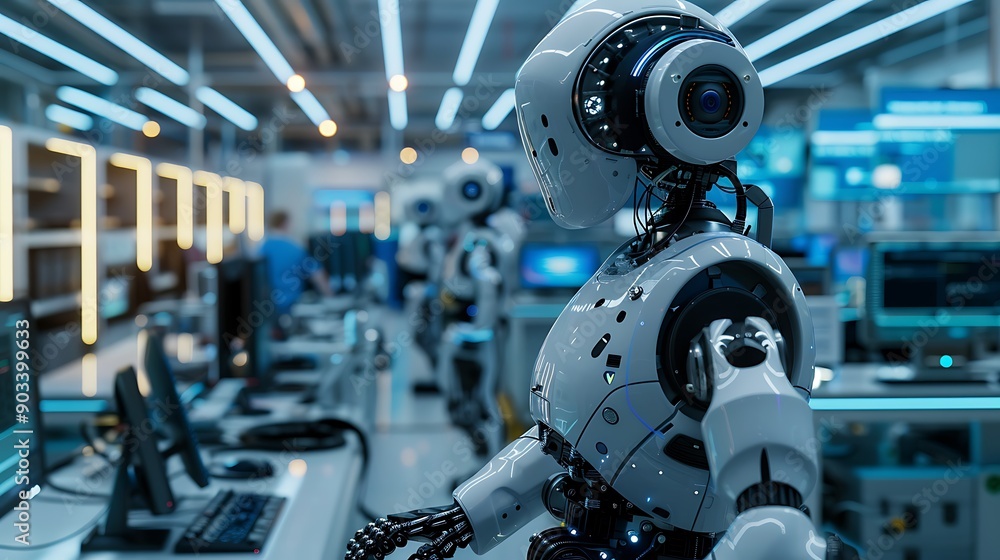 A robotics lab with a team of engineers fine-tuning AI-driven machinery, featuring robotic arms, advanced computers, and a sleek, modern design, with ambient lighting highlighting the workspaces. A robotics lab with a team of engineers fine-tuning AI-driven machinery, featuring robotic arms, advanced computers, and a sleek, modern design, with ambient lighting highlighting the workspaces.