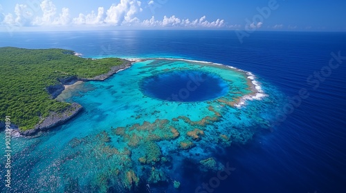 Aerial View of Circular Ambergris Caye Blue Hole in Belize on Sunny Day | Minimalist Ocean Scenery with Contrasting Blue Waters