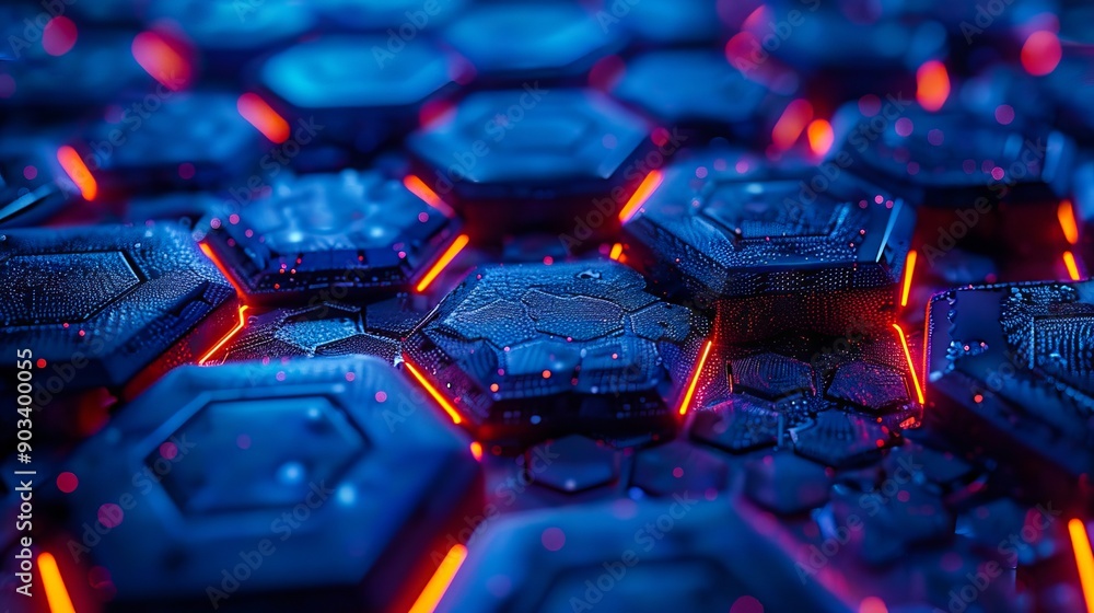 Obraz premium A close up of a bunch of hexagons with red and blue lights