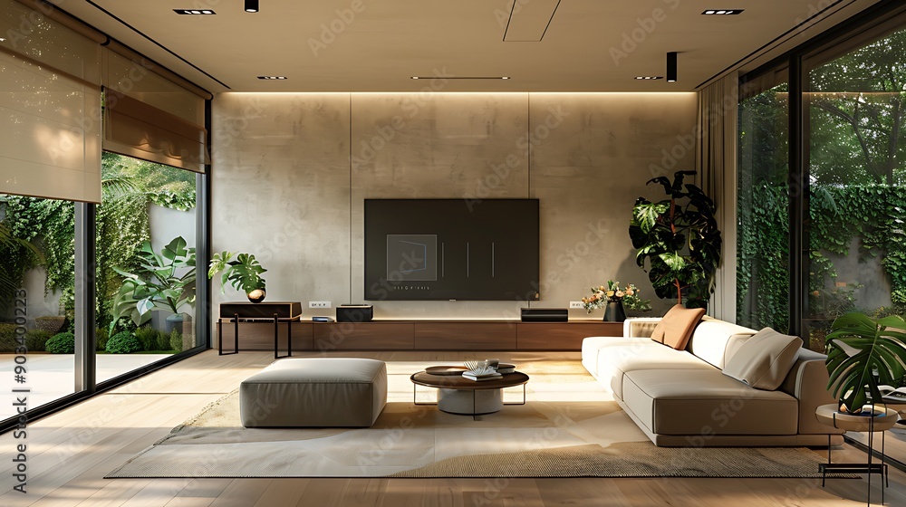 A sleek, modern living room equipped with smart lighting and temperature controls, featuring a minimalist design, a large wall-mounted smart TV, voice-activated devices, and automated window blinds, A sleek, modern living room equipped with smart lighting and temperature controls, featuring a minimalist design, a large wall-mounted smart TV, voice-activated devices, and automated window blinds,