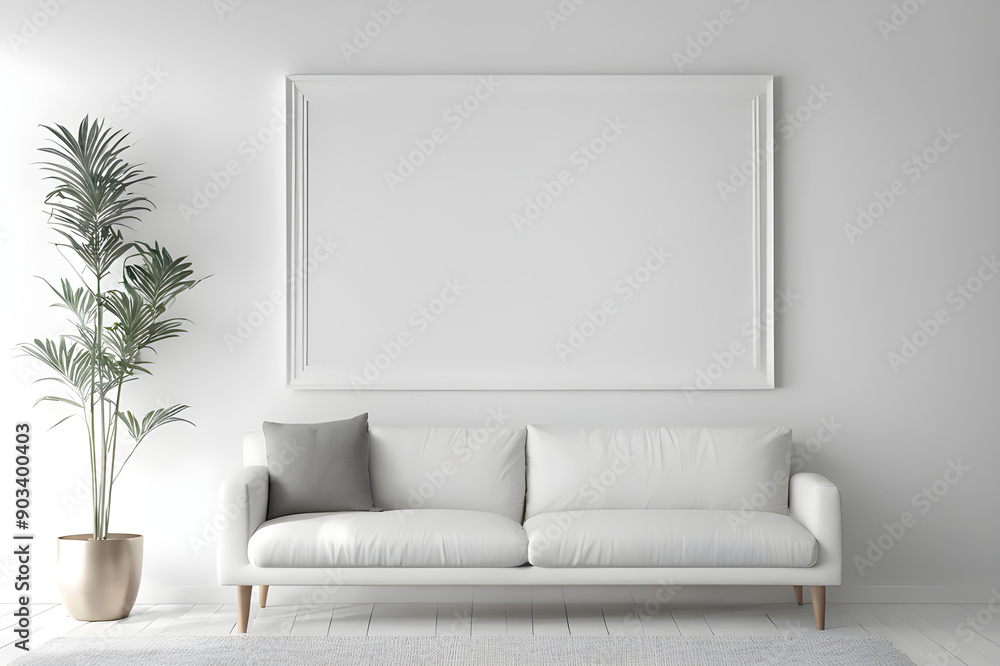 Fototapeta premium modern interior design, white-toned white walls, a piece of furniture, a mock-up frame