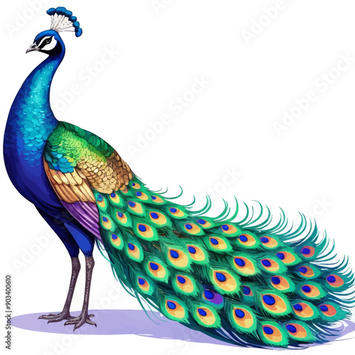 Peacock with vibrant tail feathers