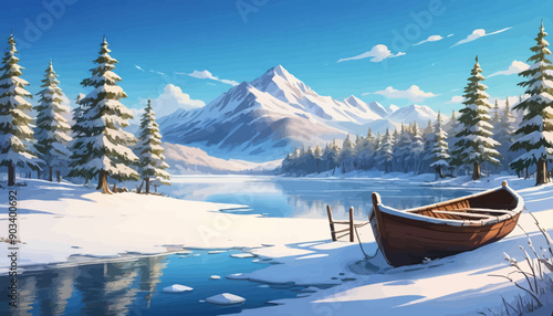 Peaceful Winter Scene with Snow-Capped Mountains, Boat, and Trees photo