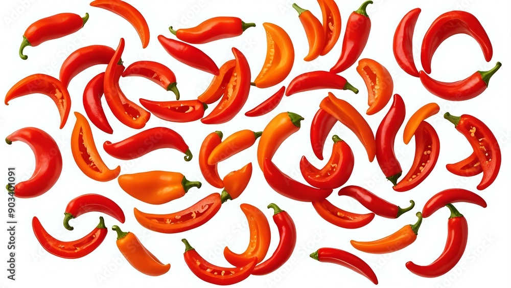 Fresh red and orange chili peppers in mid-air, isolated on white background. Fresh red and orange chili peppers in mid-air, isolated on white background.