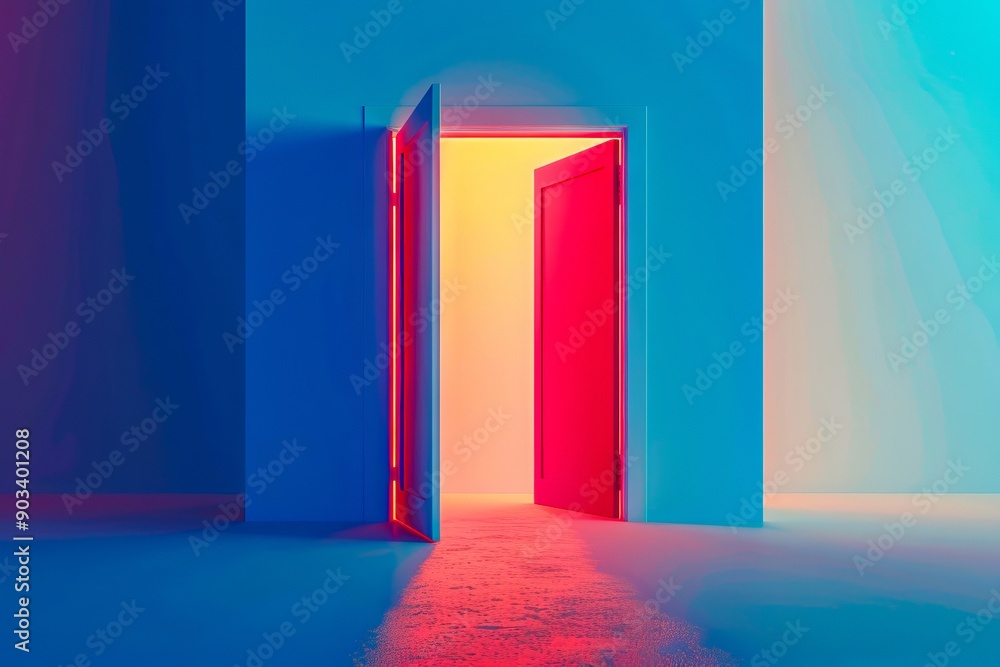An open door in a blue and red room with a light at the end An open door in a blue and red room with a light at the end