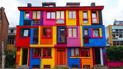 Fototapeta Naklejka Na Ścianę i Meble -  A multi-colored building with many windows and doors