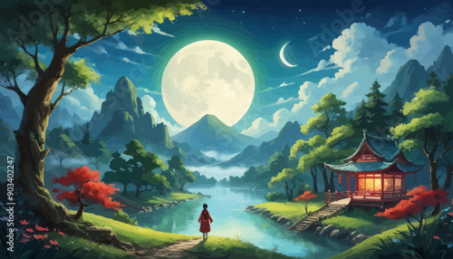 Moonlit Path to a Traditional Japanese Pavilion