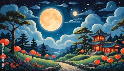 Moonlit Path to a Traditional Chinese Pavilion