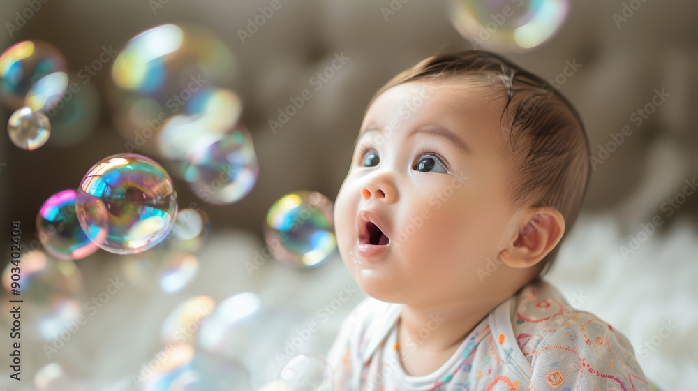 A baby and bubbles. A baby showing a surprised and delighted expression while seeing bubbles for the first time A baby and bubbles. A baby showing a surprised and delighted expression while seeing bubbles for the first time
