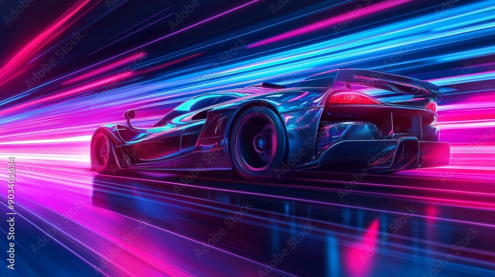 Futuristic Sports Car in Motion: Neon Illustration with Dynamic Speed and Energy Futuristic Sports Car in Motion: Neon Illustration with Dynamic Speed and Energy