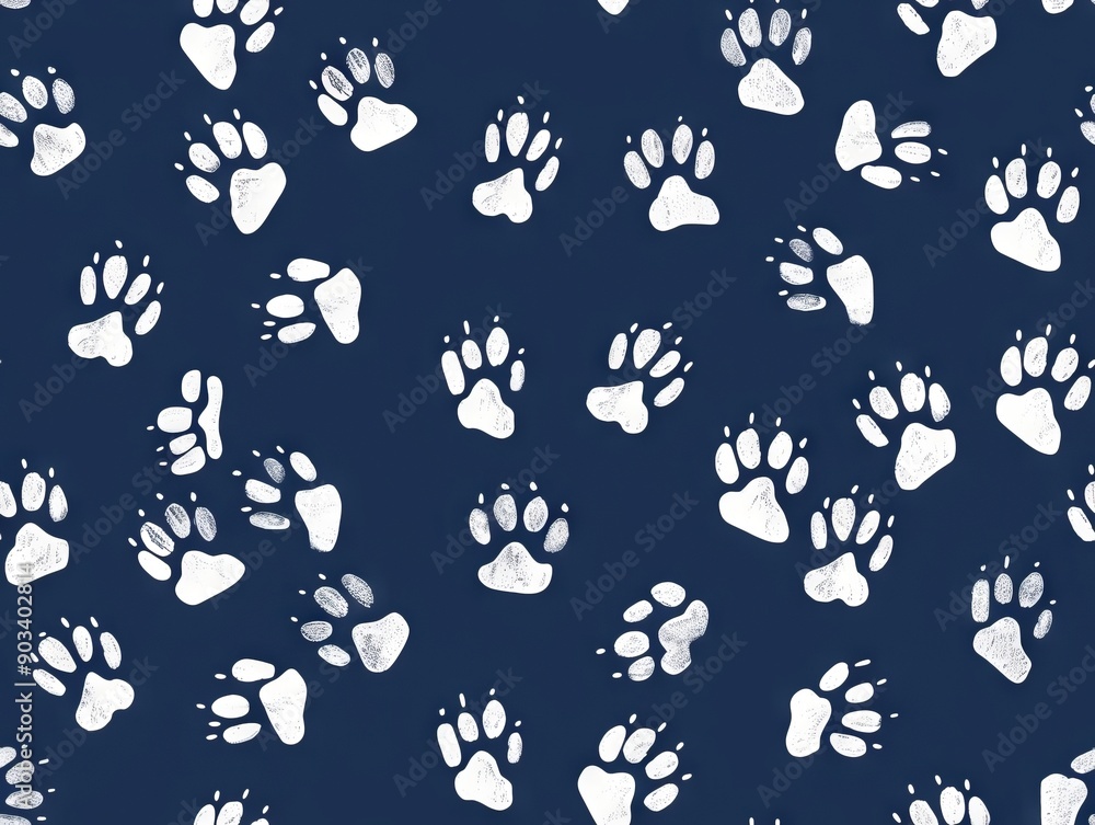 A pattern of white paw prints on a blue background A pattern of white paw prints on a blue background
