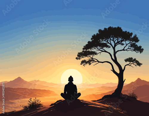 Meditative Silhouette of a Monk in a Desert Sunset