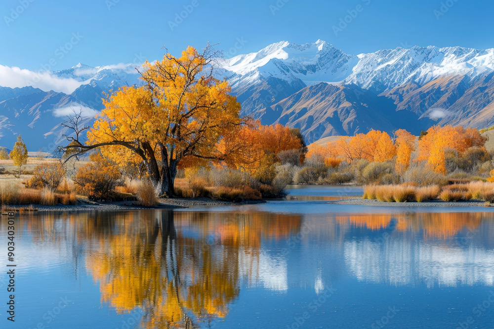 serene lake scene with a tree in autumn-colored trees and snow-capped mountains in the background. serene lake scene with a tree in autumn-colored trees and snow-capped mountains in the background.