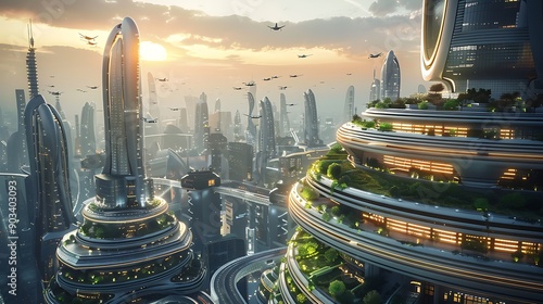An ultra-modern city at dawn, with sleek high-rise buildings, flying cars in organized lanes, soft morning light highlighting the futuristic structures, and green rooftops adding a touch of nature.
