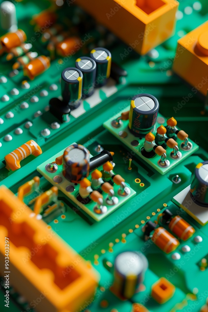 A close up of a green circuit board with electronic components A close up of a green circuit board with electronic components