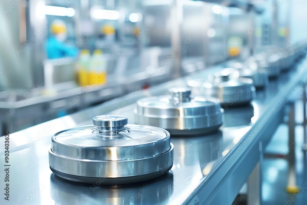 Modern industrial food processing plant with stainless steel equipment. Focus on metal lids on a production line. Clean and efficient machinery. Modern industrial food processing plant with stainless steel equipment. Focus on metal lids on a production line. Clean and efficient machinery.
