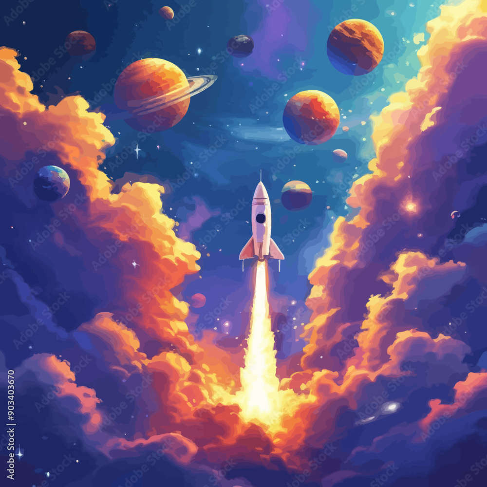 Fototapeta premium Interstellar Exploration: A Rocket's Journey Through a Vibrant Cosmic Sky