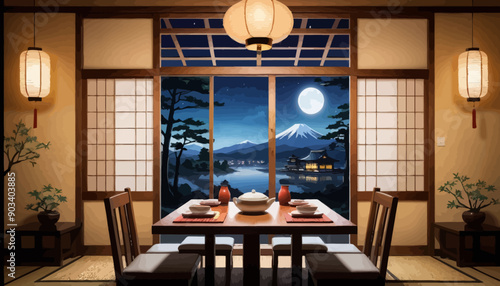 Japanese-style dining room with night view of scenic landscape