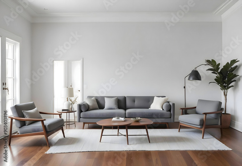 Modern, minimalist living room interior design with blank wall, wall mockup, frame mockup