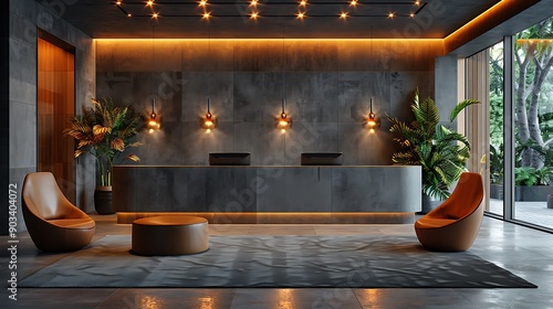 Modern luxury hotel reception desk and lobby lounge area with warm lighting and seating, empty interior.