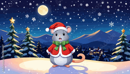 Happy Holidays: A Festive Mouse in a Santa Hat and Coat, Standing on a Snowy Surface with a Christmas Tree and Mountains in the Background