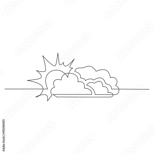 One line sun with cloud sketch. Continuous doodle art drawing, creative linear weather icon isolated. 