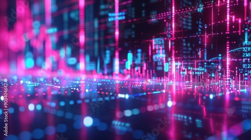 Vibrant digital data visualization featuring bright pink and blue light patterns on a dark background, perfect for technology themes.