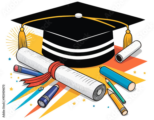 Graduation Celebration: Diploma, Cap, and Pen Illustration photo