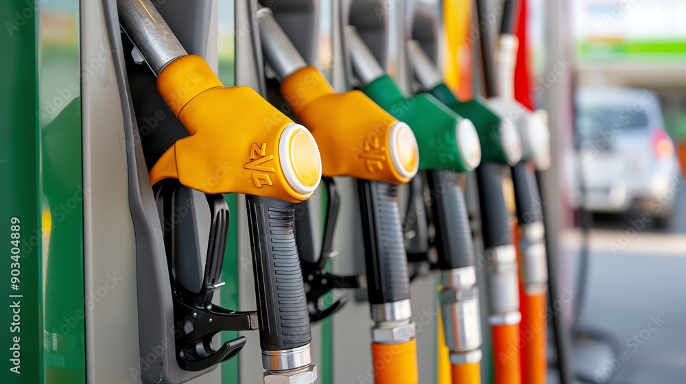 Close-up image of colorful fuel nozzles at a gas station, illustrating various fuel options for vehicles. Close-up image of colorful fuel nozzles at a gas station, illustrating various fuel options for vehicles.