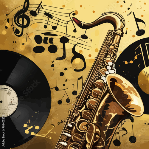 Golden Jazz Saxophone with Musical Notes and Record Album