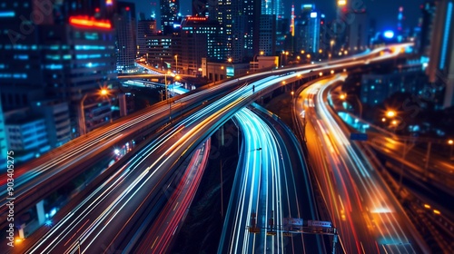 Cityscape with Night Traffic Light Trails